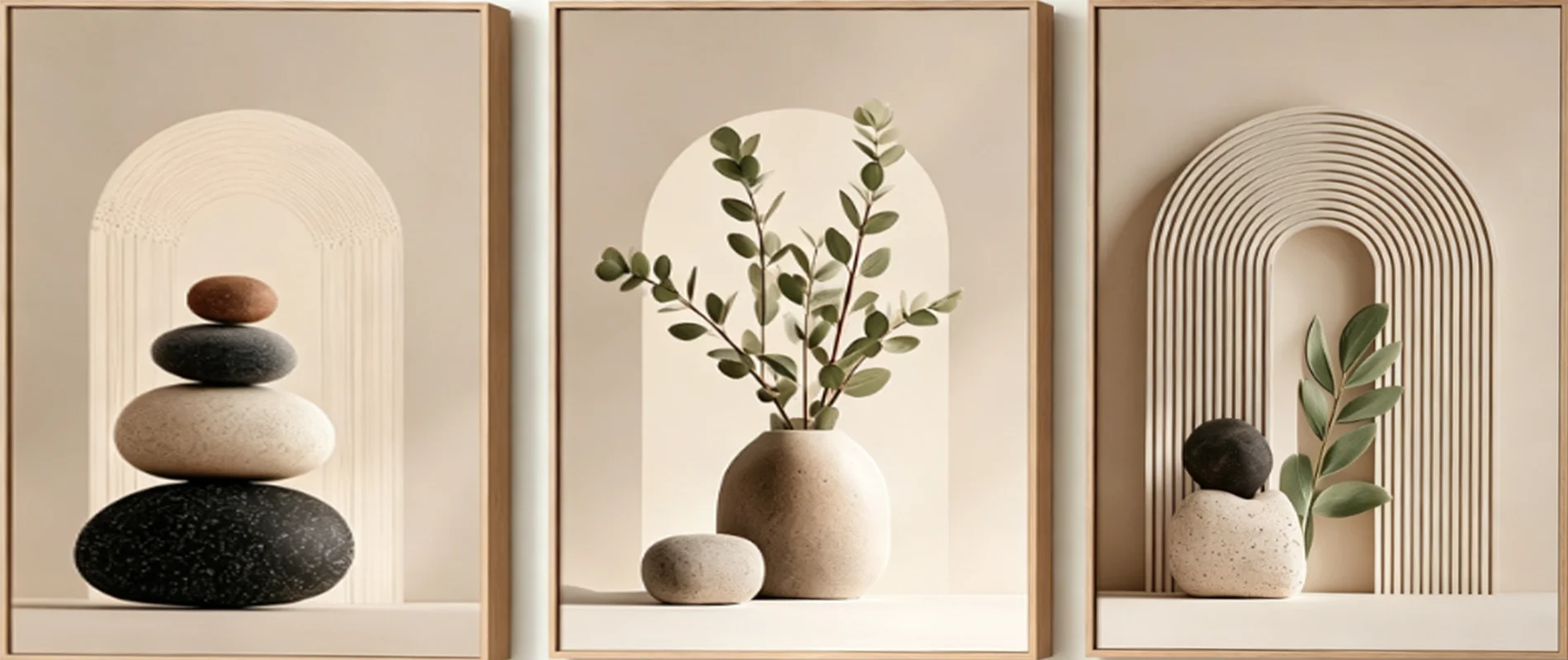 3PCS Neutral Beige Wabi‑Sabi Canvas Print, Arch Stone Eucalyptus Art For Living Room Wall Decoration
