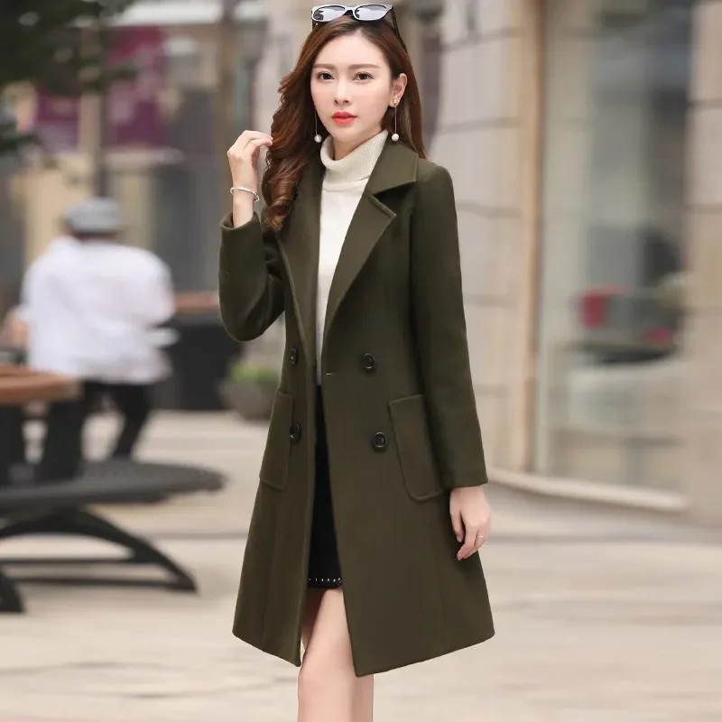 

Fashion Mid-Length Woolen Coat Women 2025 Spring Autumn New Korean Double-Breasted Waist Wool jacket Female Slim Overcoat B789