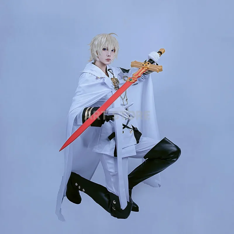 ميكايلا هياكويا تأثيري أنيمي ساروف من نهاية تأثيري حلي حفلة الهالوين عباءة بيضاء خندق معطف السراويل قفازات شعر مستعار JQ4767