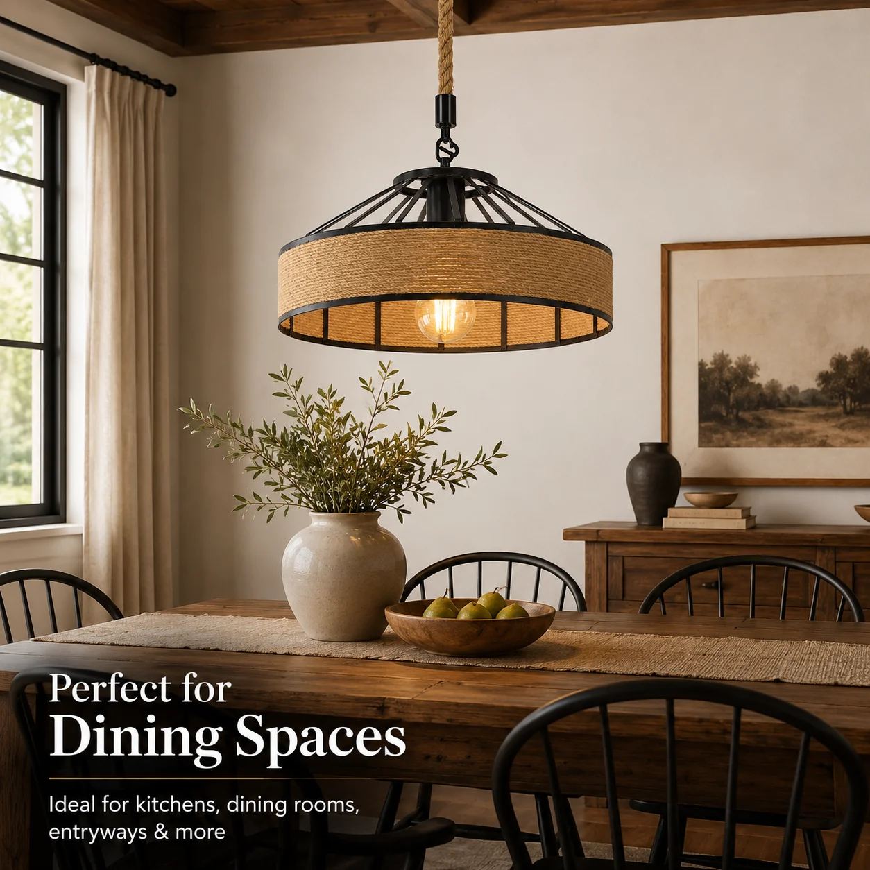 JOYINLED Vintage Southeast Asian Pendant Light Hemp Rope Ceiling Lamp Black Metal Shade Kitchen Island Hallway Rustic Lighting