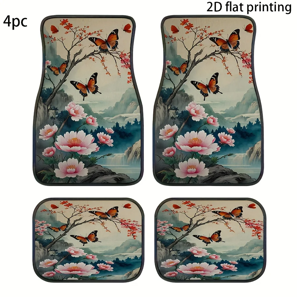 4pcs Car Floor Mats, Featuring A Cherry Blossom Waterfall Butterfly And Bird Pattern, Made Of Polyester Fiber, Universal Car Mat