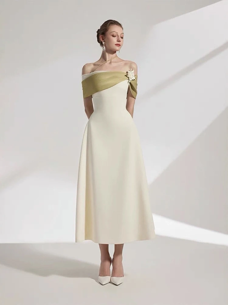 

Female New Hit Color Temperament Dresses For Women Slash Neck Off The Shoulder Sleeve High Waist Spliced Floral Chic Dress