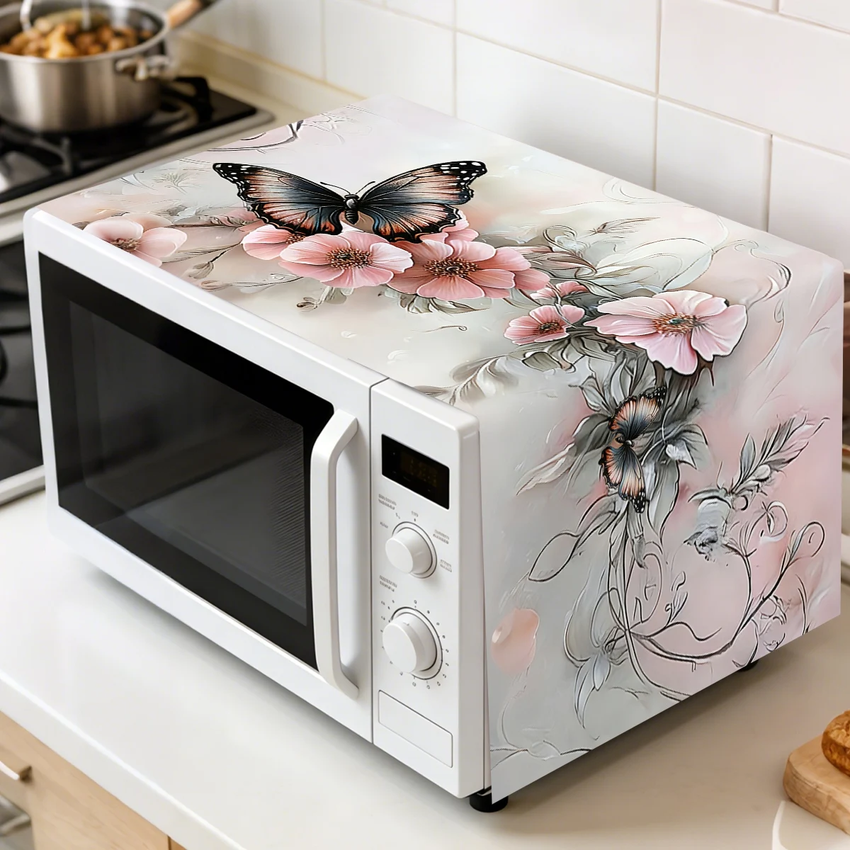 Butterfly Oven Dust Cover 35x85cm Floral Butterfly Design Polyester Microwave Dust Cover for Household Machine Protector Decor