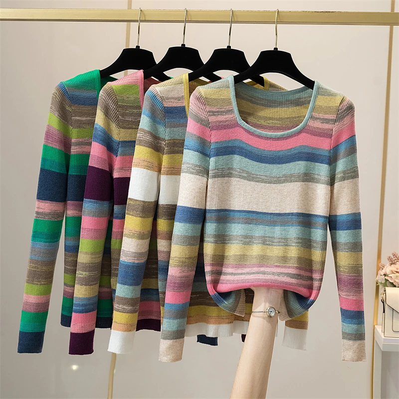 

spring Autumn basic Bottoming Sweater Tops Women Ribbed Soft square collar Elastic Pullover rainbow stripe Slim Jumper sweaters