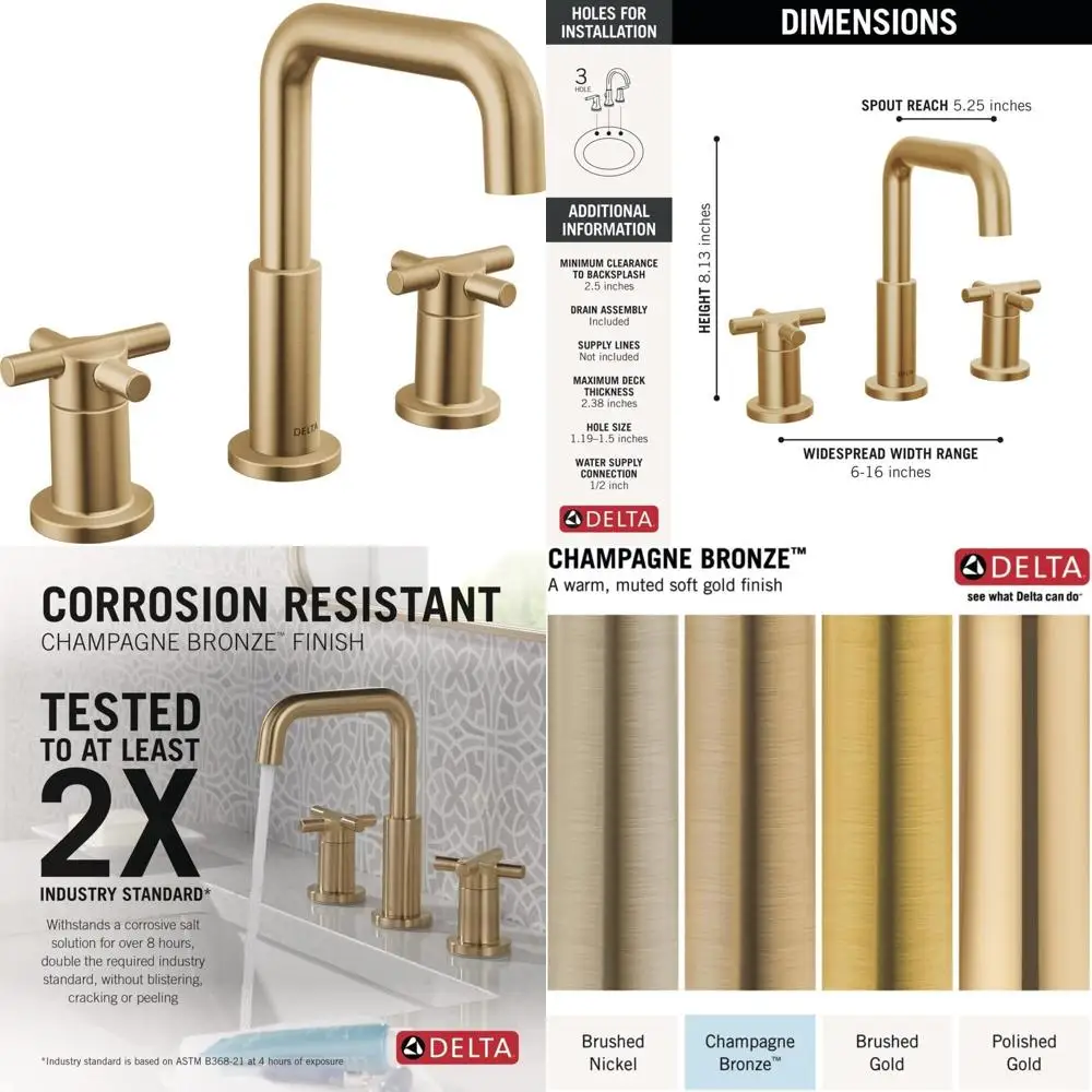 

"Delta Nicoli Brushed Gold 8" Широко распространенный смеситель для раковины с 3 отверстиями и сливом Push-Pop для туалетного столика"