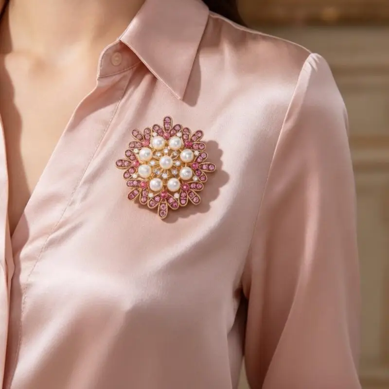 Gold Plated Flower Brooches Faux Pearls Sparkly Rhinestones For Wedding Formal