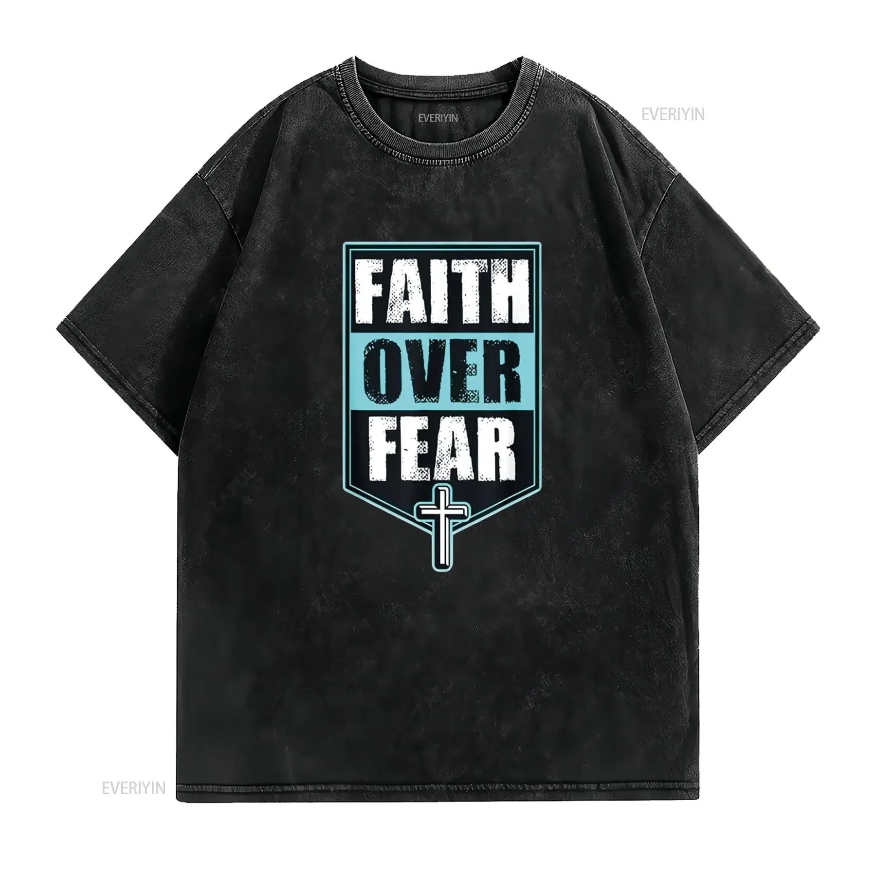 Mens Faith Over Fear Christian Bible Quote Cross Christmas T Shirt White 4XL vintage Washed Breathable Soft