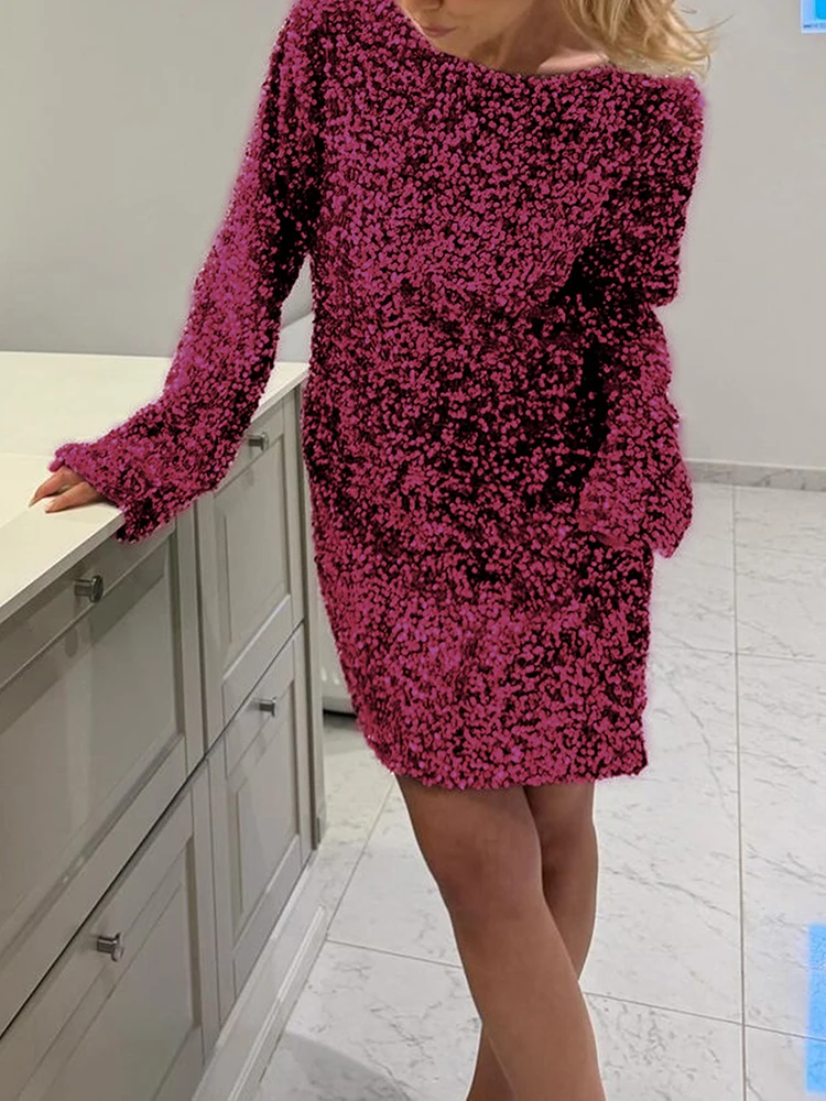 Sexy glitter o-pescoço festa feminina vestido curto moda brilhante lantejoulas midi vestido elegante sem costas arco rendas até banquete vestido curto