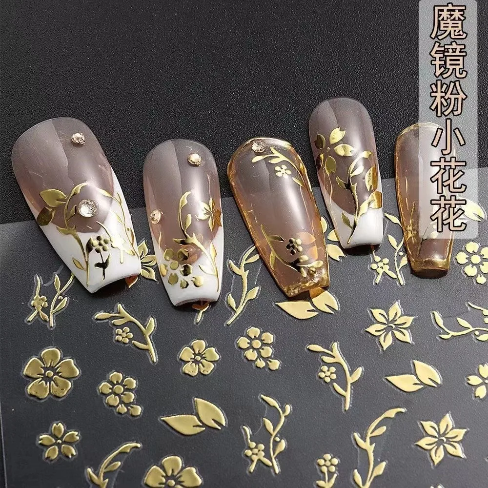 Viral Mirror Powder 3D Rose Nail Stickers 1pcs Gold Foil Geometric Japanese Style Self Adhesive Waterproof Decals for Manicure