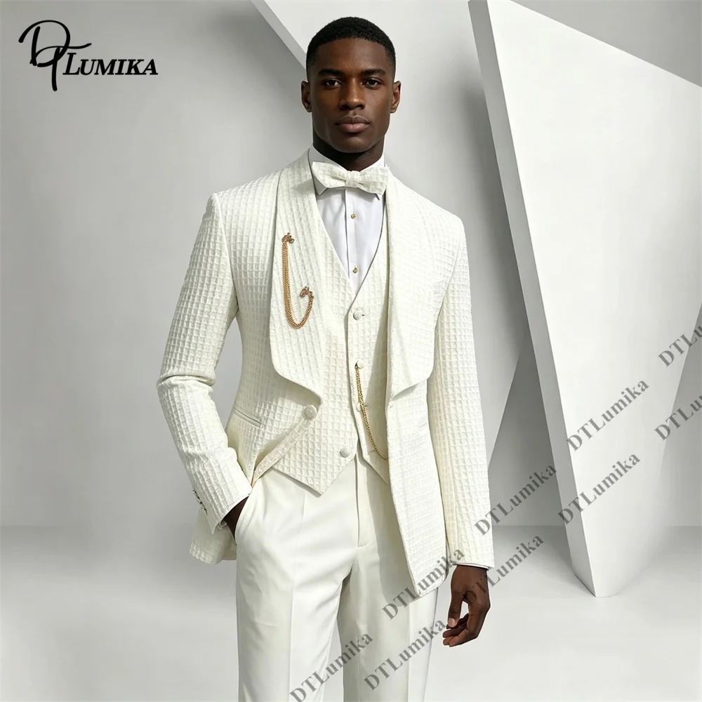 Men's White 3 Piece Suit Textured Waffle Blazer Vest Pants Wedding Groom Prom Formal Tuxedo Slim Fit Set Customized Size