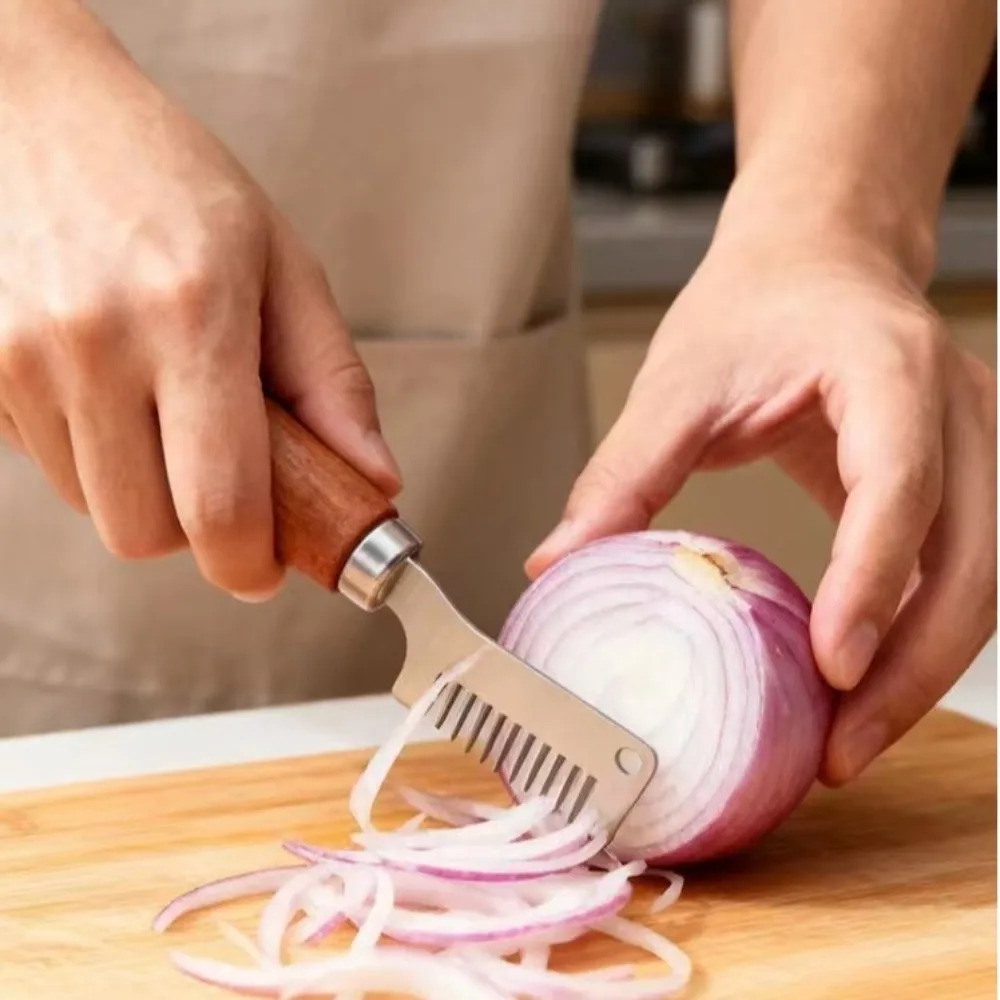 Stainless Steel Scallion Chopper Ergonomic Wooden Handle Onion Cutter Multi-functionl Manual Green Onion Cutter Food Preparation