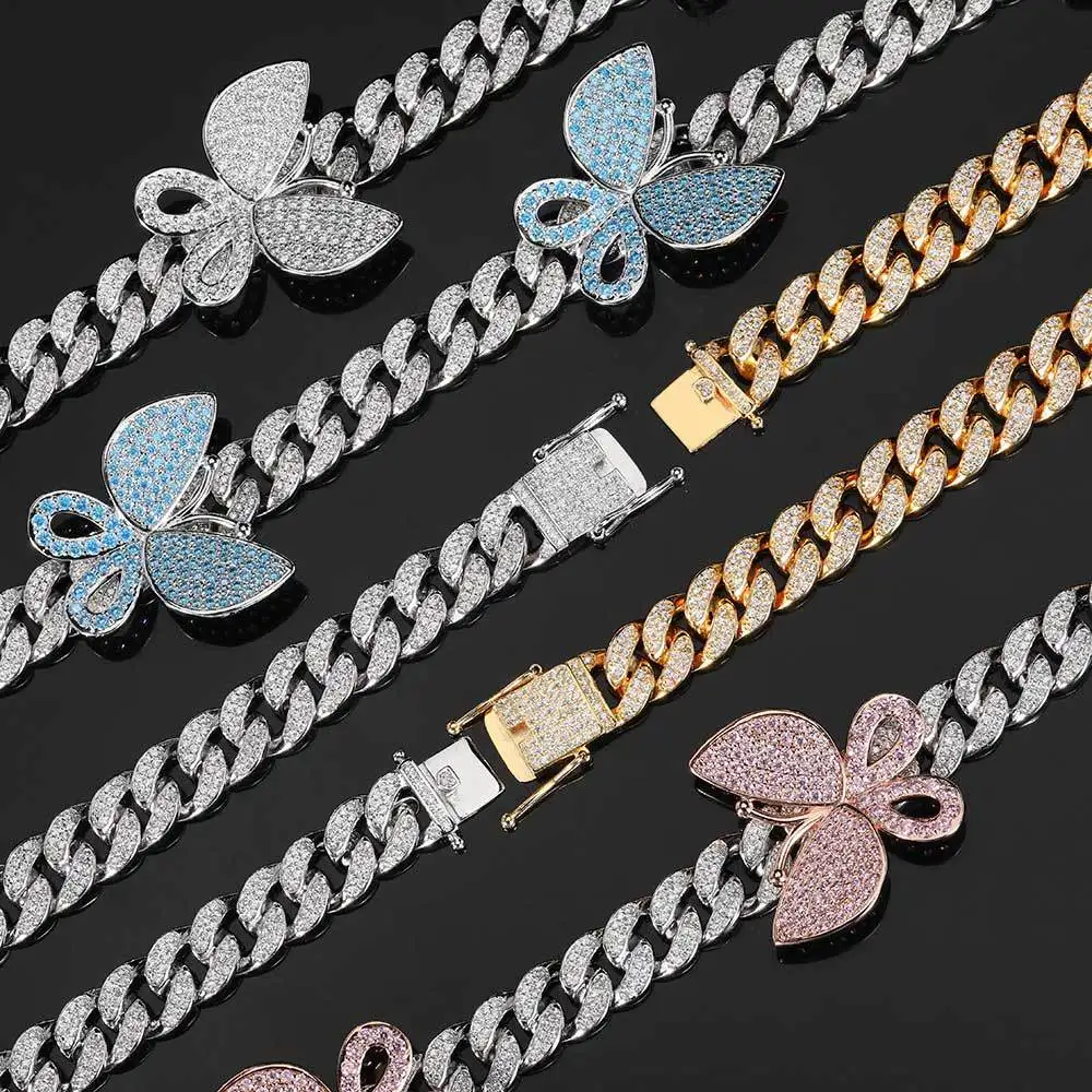 

Hiphop jewelry 12mm ordinary quality double row full diamond butterfly Cuban chain copper inlaid zircon personalized necklace