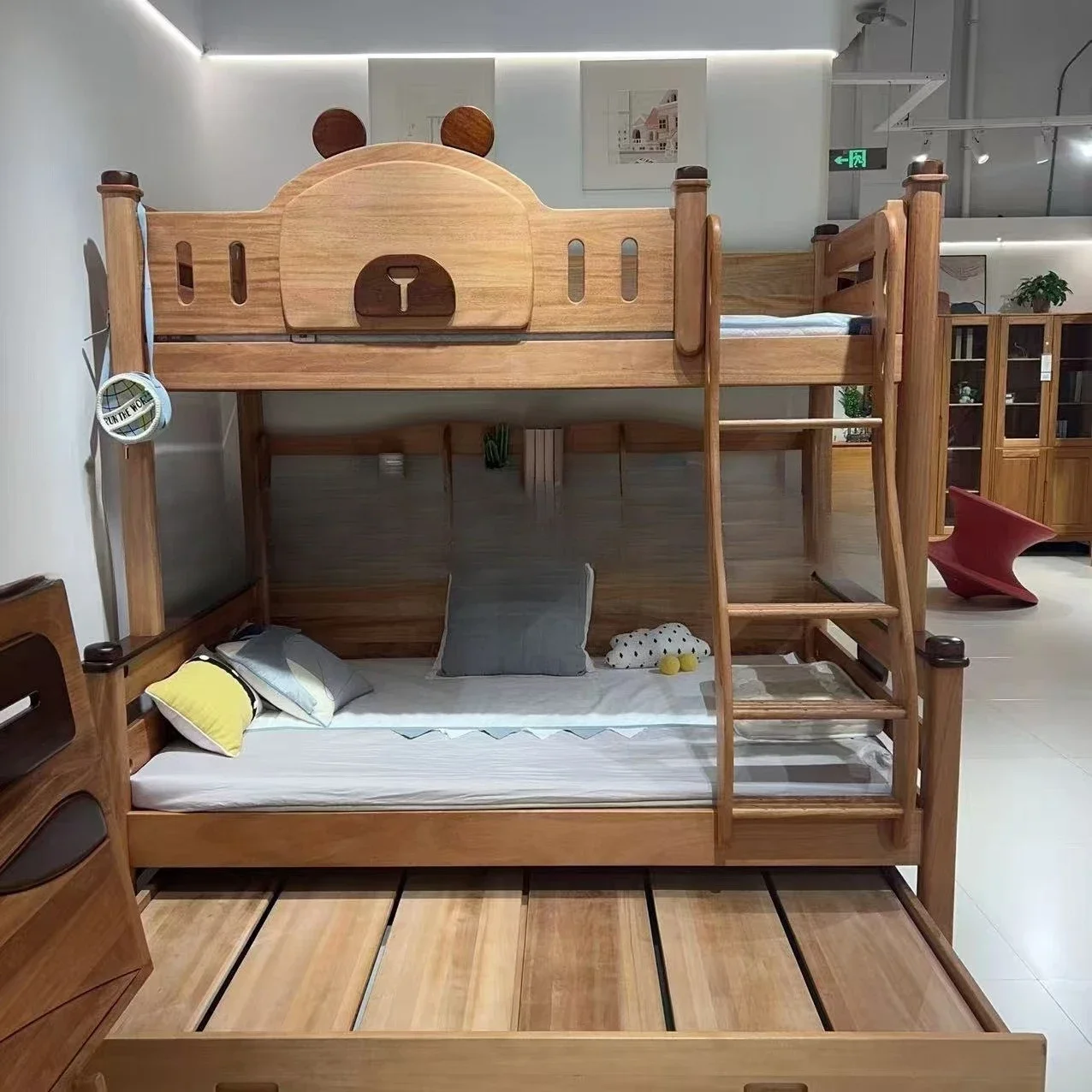 All solid wood bear bed equal width high and low bed red sandalwood wood wax oil children's mother bed upper and lower