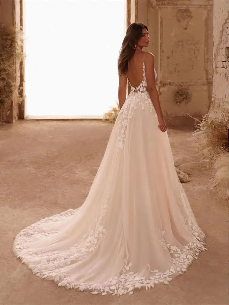 Vestido De Novia largo bohemio con tirantes finos, traje De tul brillante con escote en V, Espalda descubierta, encaje, talla grande