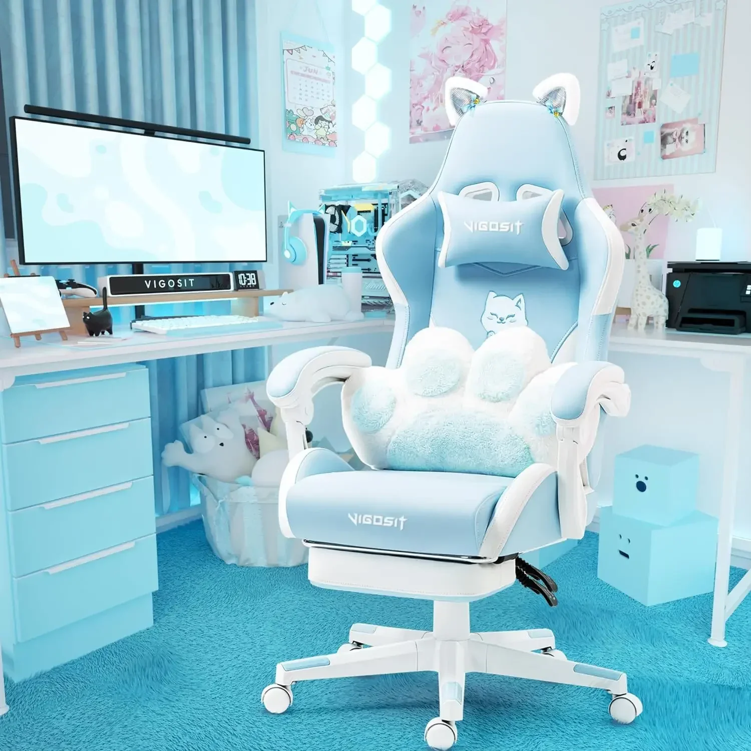 Pink Gaming Chair With Cat Paw Lumbar Cushion and Cat Ears Computer Armchair Reclining PC Game Chair for Girl Kids Teen Gamer