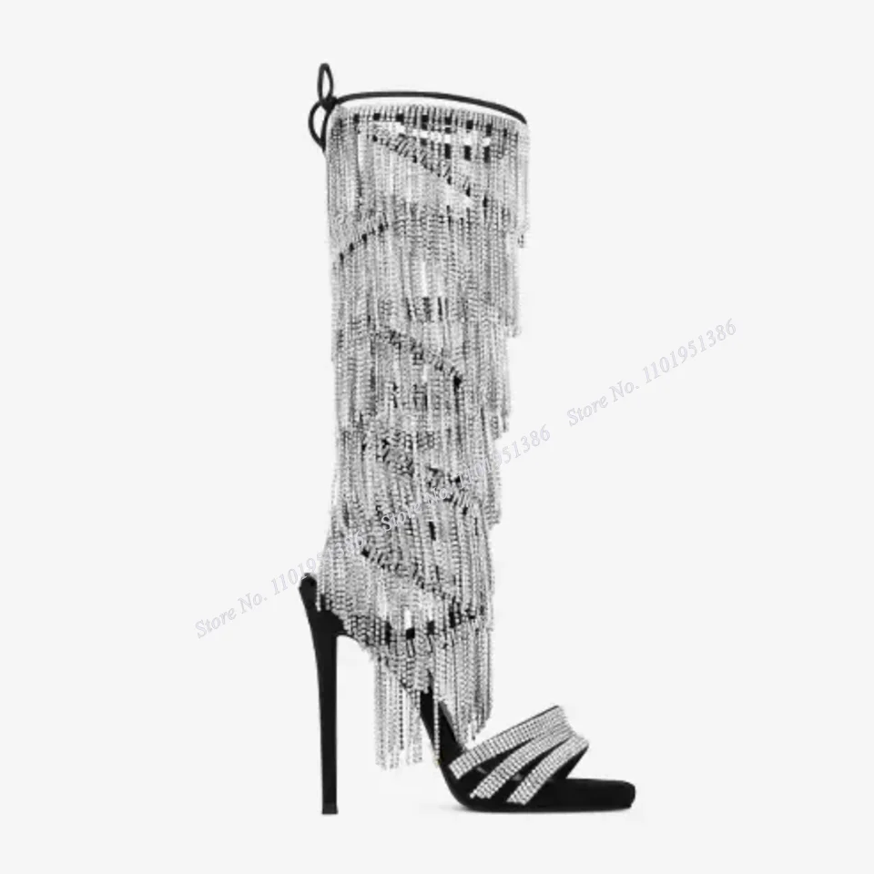 Pereira Black Fringe Decor Sandals Boots Crystal Thin High Heel Open Toe Shoes for Women Heels Shoes on Heels Zapatillas Mujer