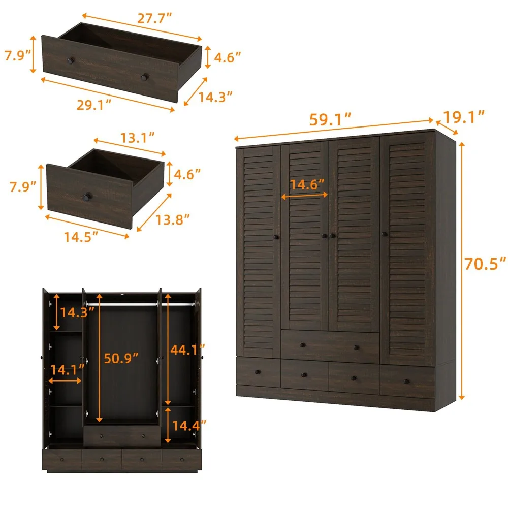Almirah for Clothes, Tall Brown Bedroom Storage Wardrobe Closet Cabinet with Louvered Doors and Shelves, Large Wide