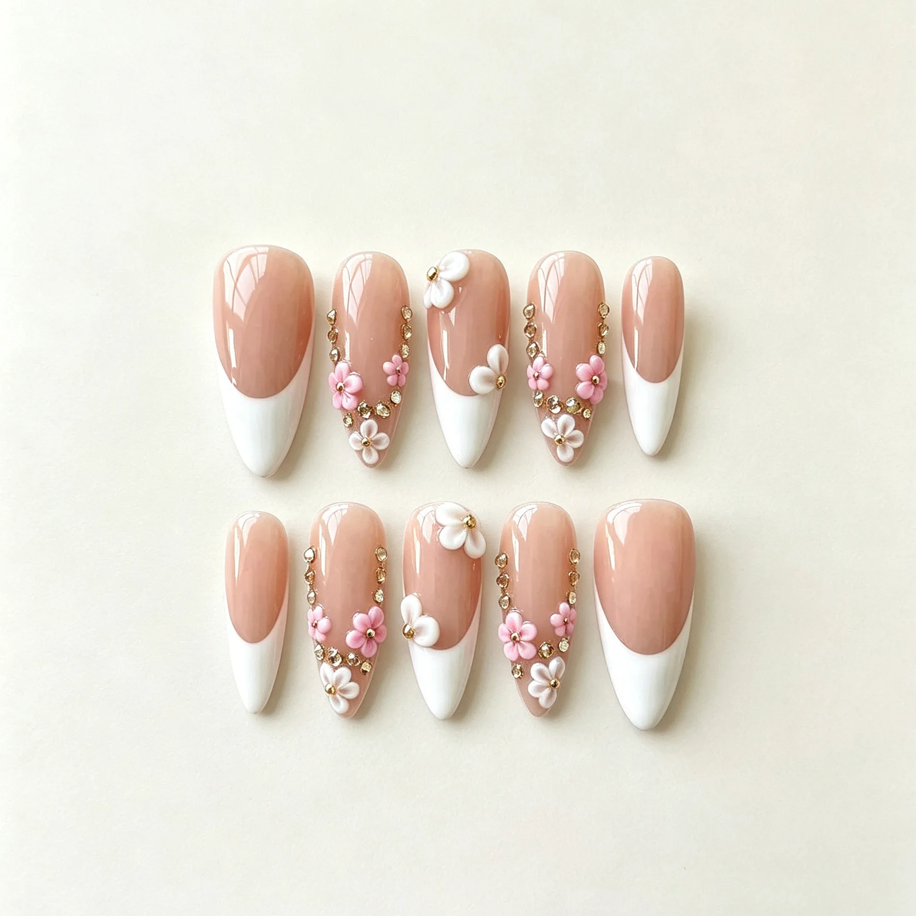 10 Stück Nude Base Handgefertigte Aufklebenägel 3D Rosa Weiße Blumen Strass Künstliche Nägel Lange Stiletto Falsche Nägel für Frauen & Mädchen – Detail 3