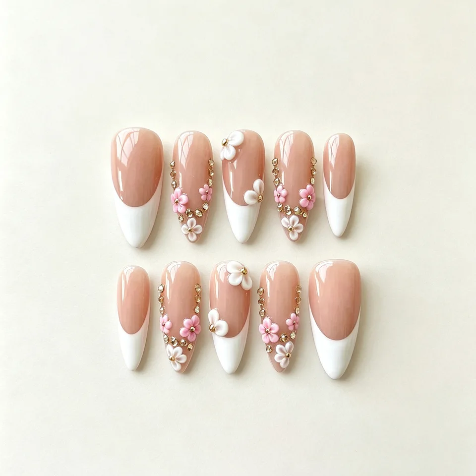 10 piezas de uñas postizas nude base hechas a mano, flores 3D rosa y blanco con pedrería, uñas largas stiletto para mujeres y niñas 3