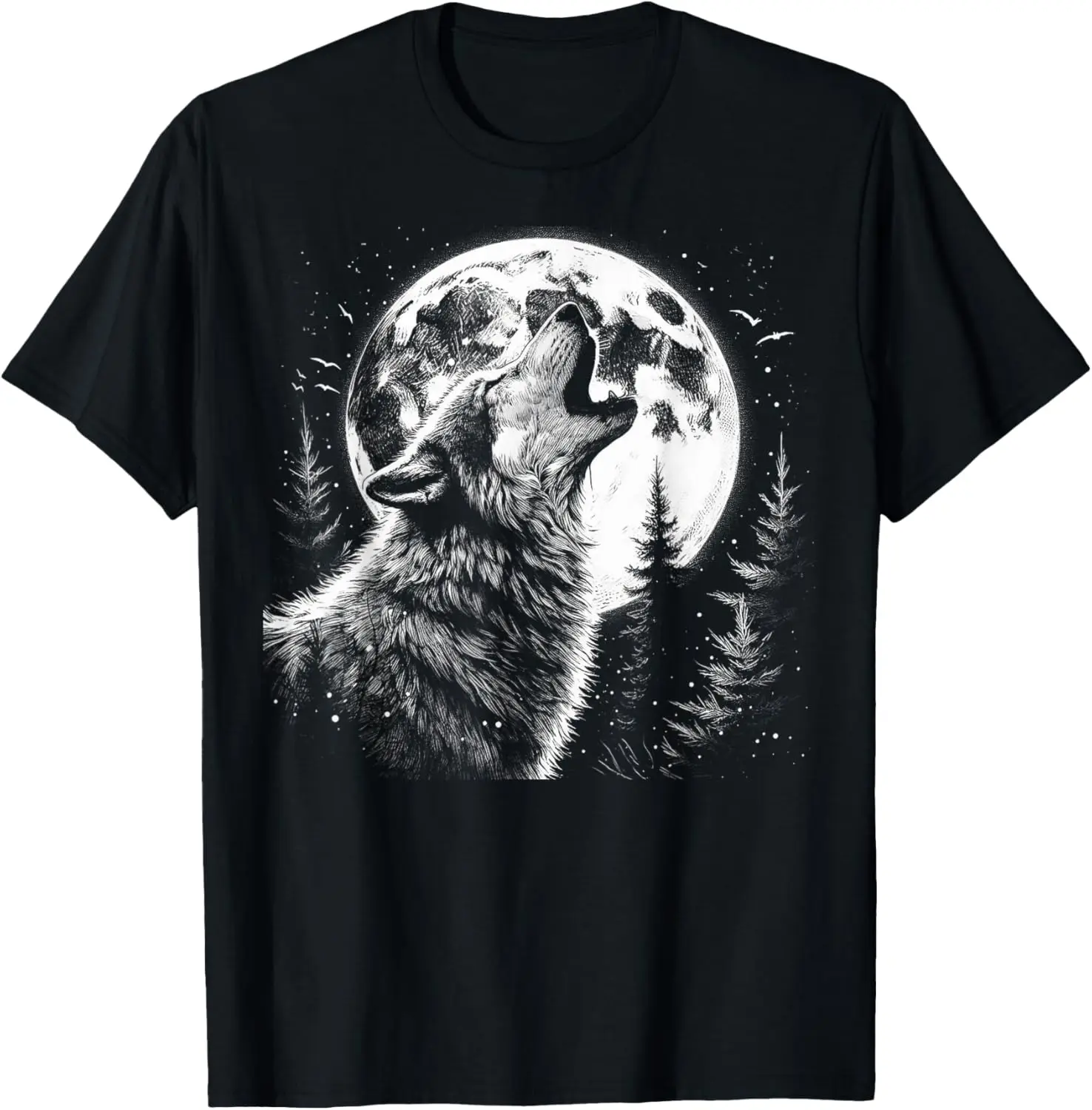 Wolf Howling Moon Forest Graphic Tee Breathable Cotton Round Neck T-Shirt For Men Streetwear