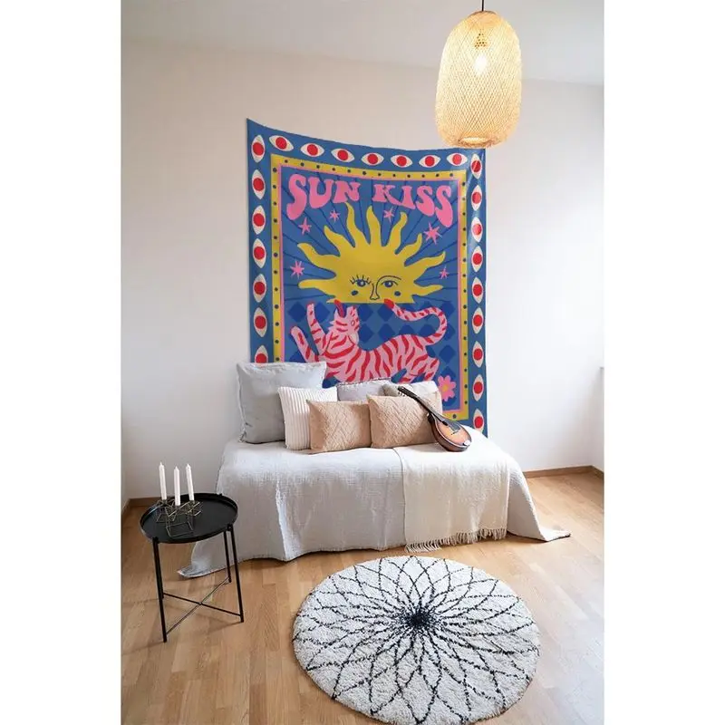 VIKAMA Sun Kiss Tiger Retro Poster Wall Tapestry Blue Yellow Solar Face Pink Striped Wild Cat Eye Border 70s Art Bedroom Living