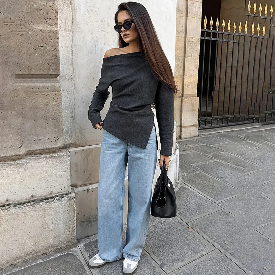 JHJN 캐주얼 여성 티셔츠 오프 숄더 우아한 블라우스 풀 슬리브 불규칙한 밑단 티셔츠 스플릿 세련된 오피스 레이디 풀오버 Y2k 탑스