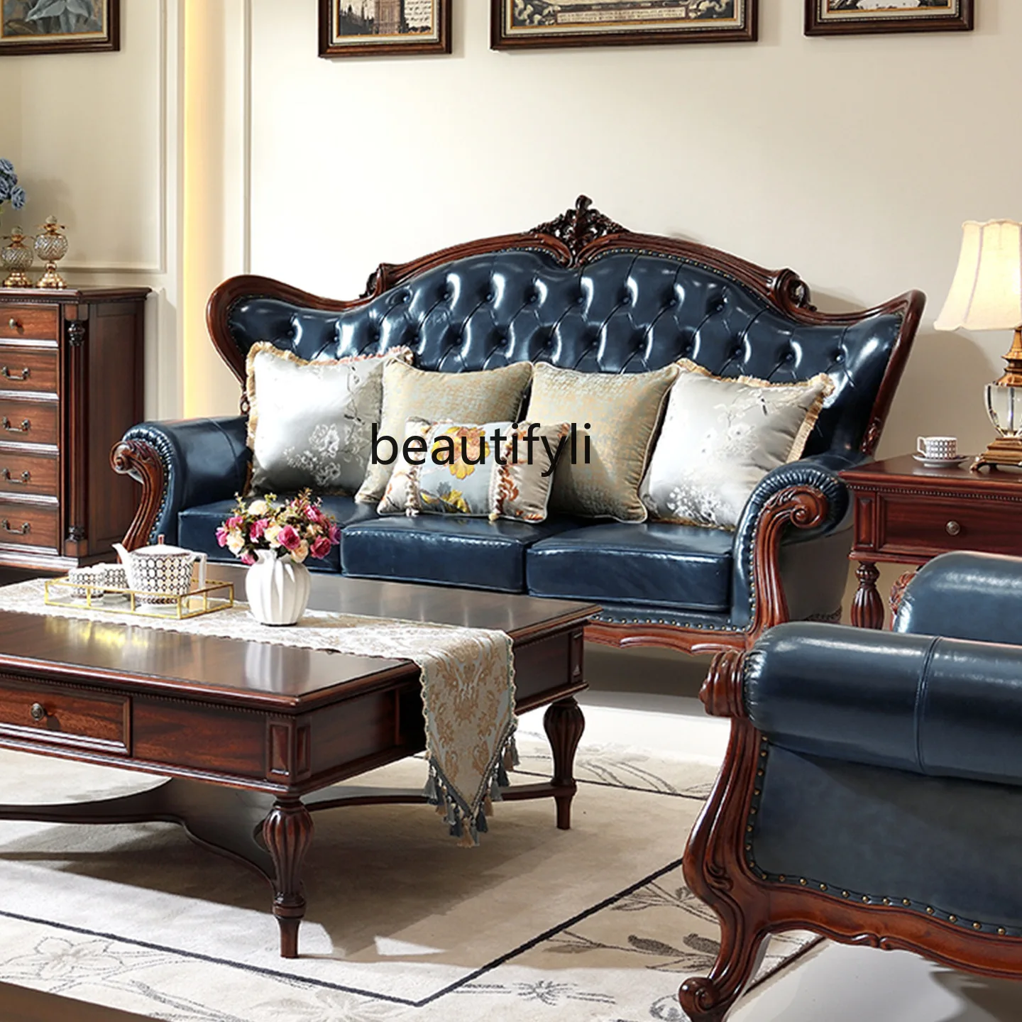 American all-solid wood leather sofa combination living room European leather sofa combination