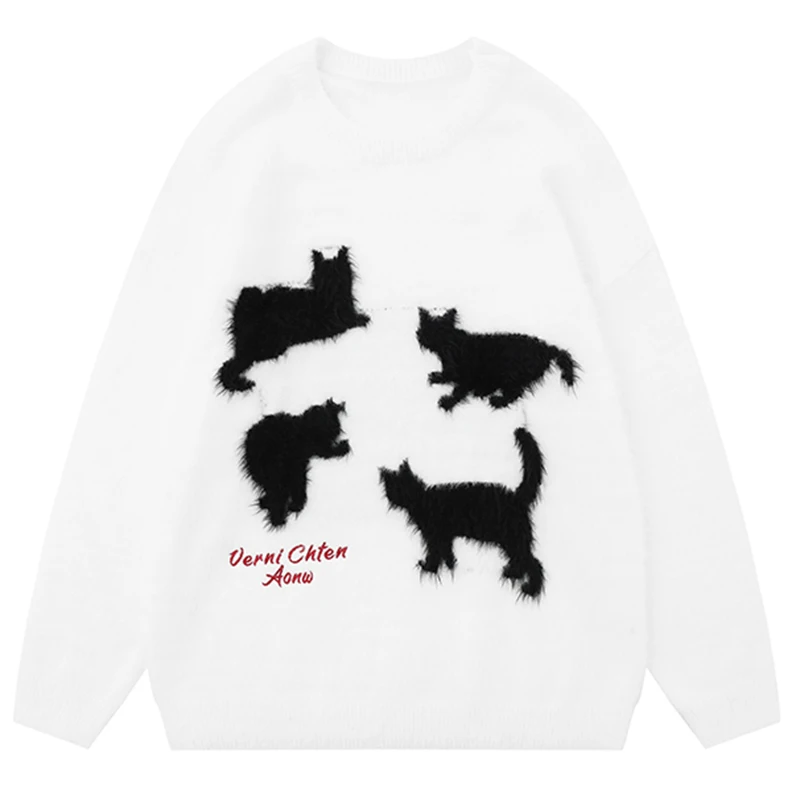 Mohair Cartoon Cat Knitwear Sweater 2023 Winter Y2K Vintage Pullovers Soft Wool Men\'s Jumpers Oversized Women Sweater Streetwear