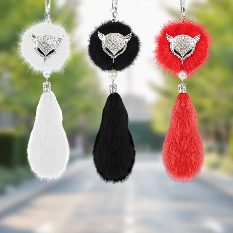 Car Pendant Fashion Diamond Crystal Fur Ball Fox/Swan Element Decor Automobile Rearview Mirror Car Hanging Ornaments Accessories