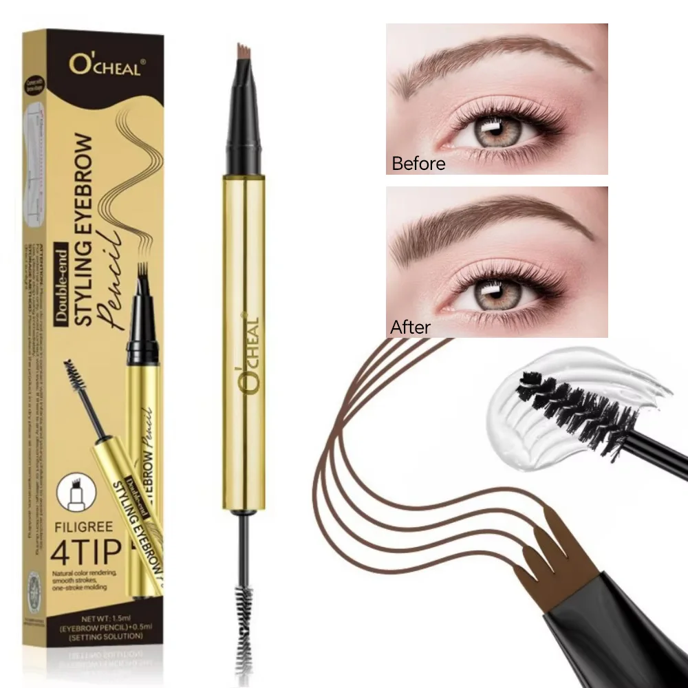 مجموعة أقلام حواجب قطيفة مكونة من 4 قطع مزدوجة الأطراف مقاومة للماء باللون الأسود والبني وطبيعية تدوم طويلاً وملء ناعم #1