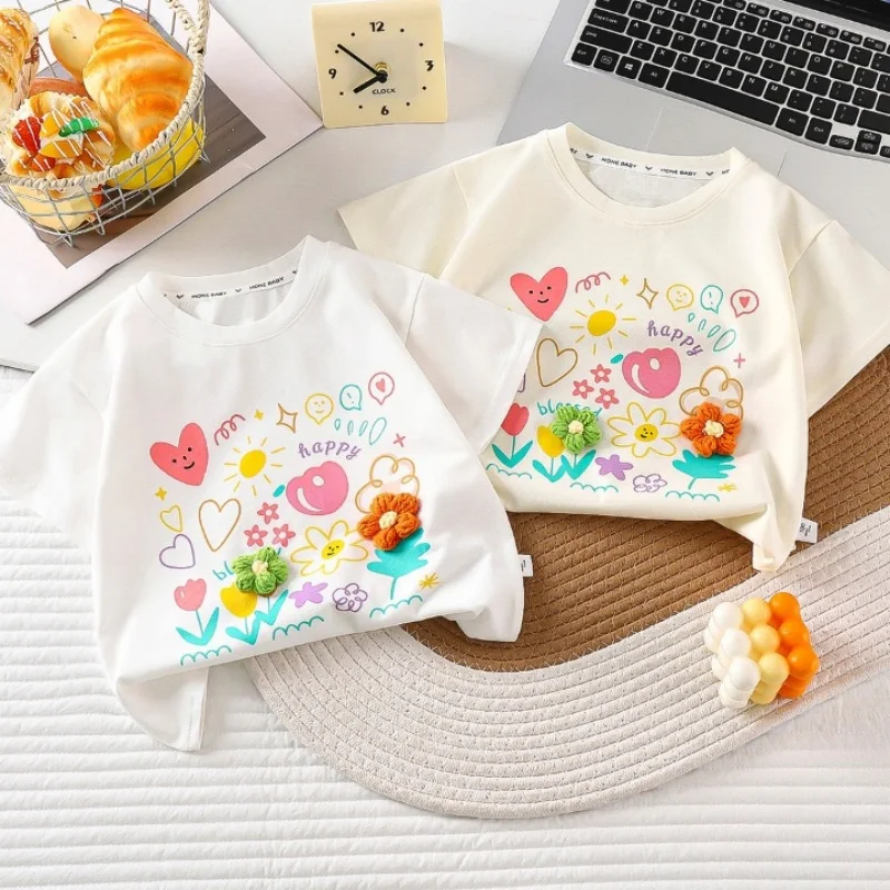 Meistverkaufte Baumwoll-Sommer-T-Shirts für Mädchen Babykleidung Kinder-T-Shirts Oberteile Kinder-Baby-Top Kinder-Blumen-T-Shirts