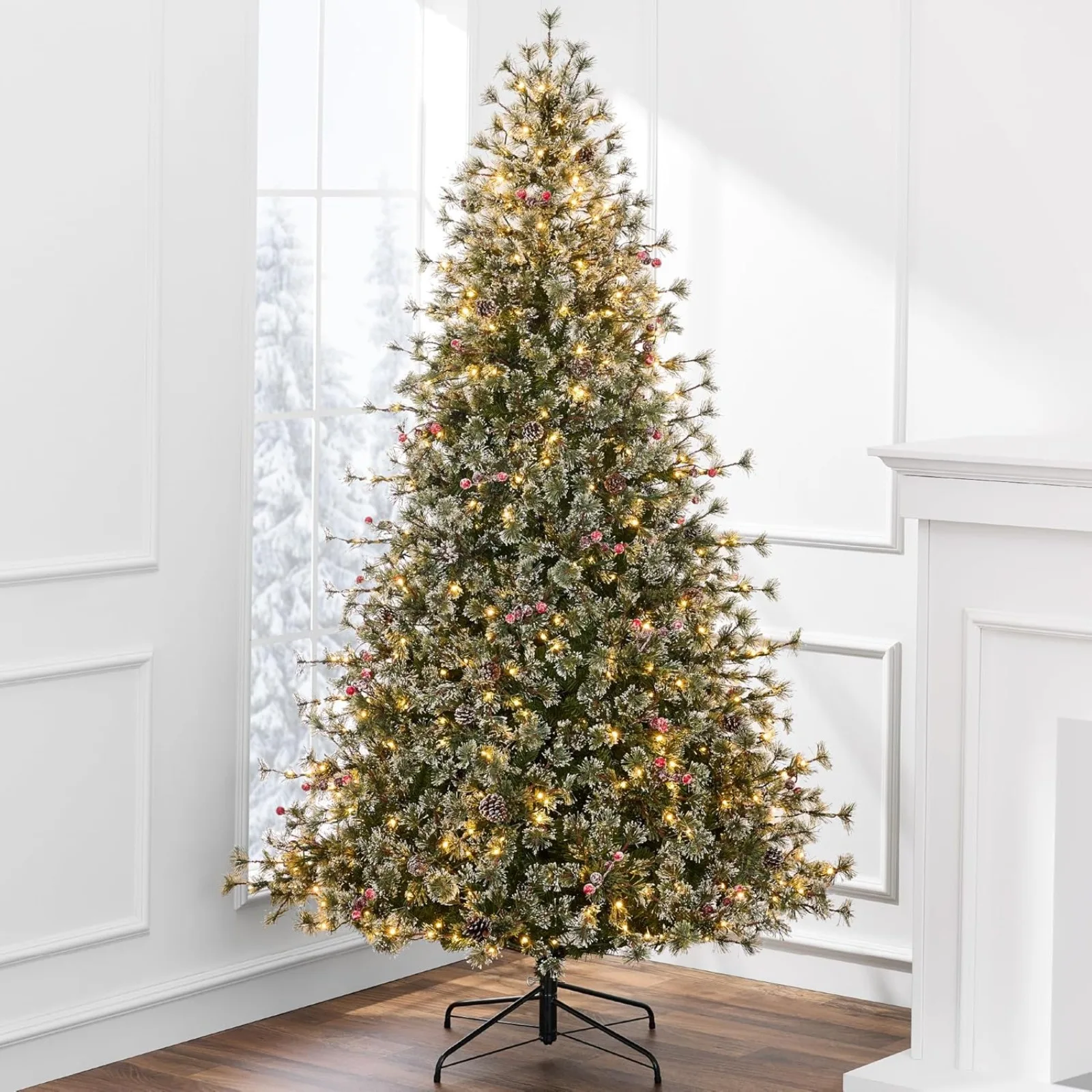 US 9ft Pre-Lit Cashmere Christmas Tree, Premium Semi-Flocked Artificial Holiday Decor w/Cordless