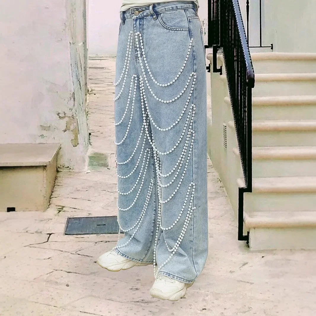 Jeans Wanita Celana Lurus Pinggang Tinggi Manik-manik Dicuci Tertekan Vintage Kantong Tombol 2025 Pakaian Jalanan Wanita Denim Celana