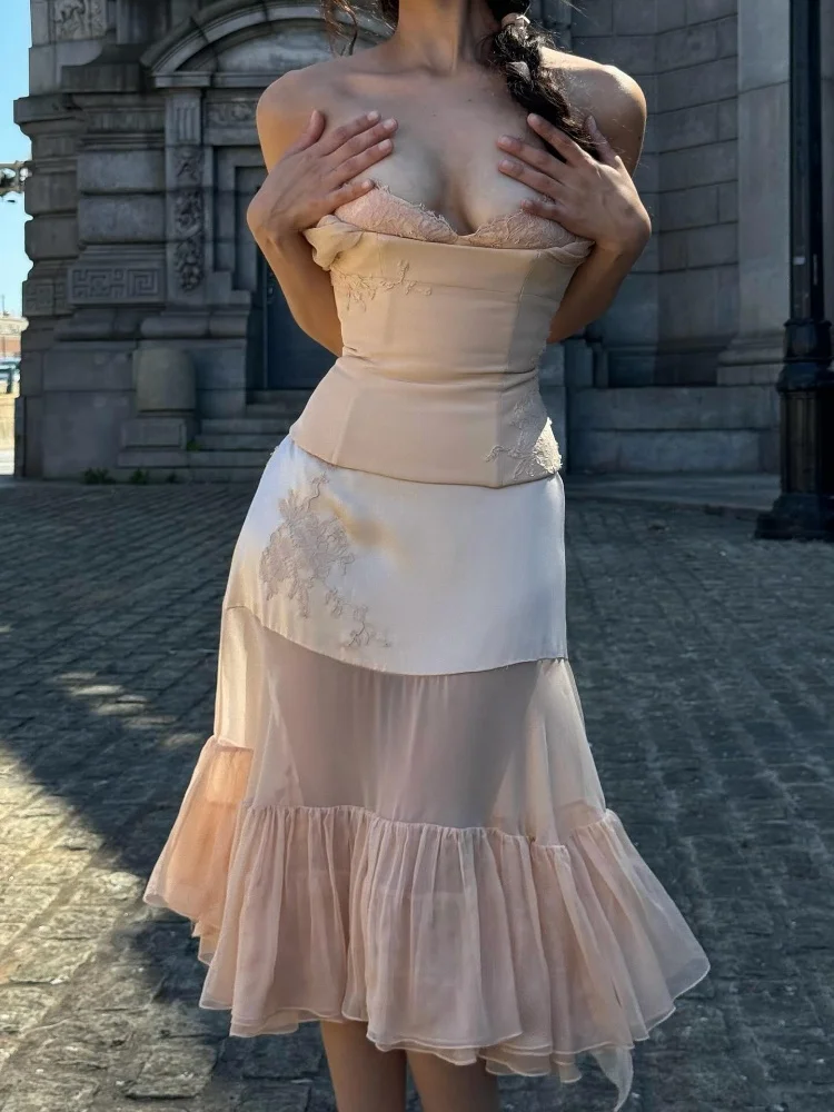 

Women Retro Lace Corset Midi Dress Off Shoulder Satin Bodycon Dress Sheer Chiffon Tiered Ruffle Hem Elegant Evening Party Dress