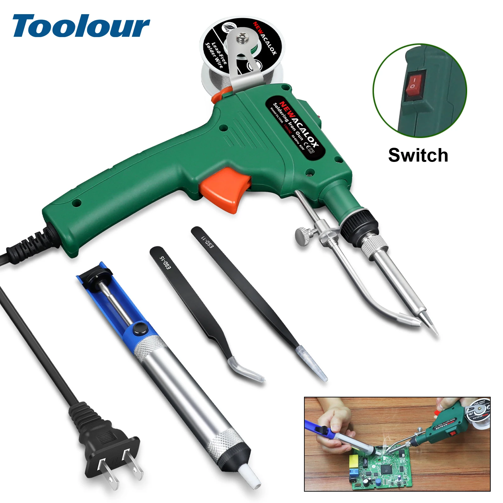 Toolour 60W 110V/220V automatyczny pistolet lutowniczy z podgrzewaczem ceramicznym zestaw lutownicy zawiera drut lutowniczy, pompa rozlutowująca