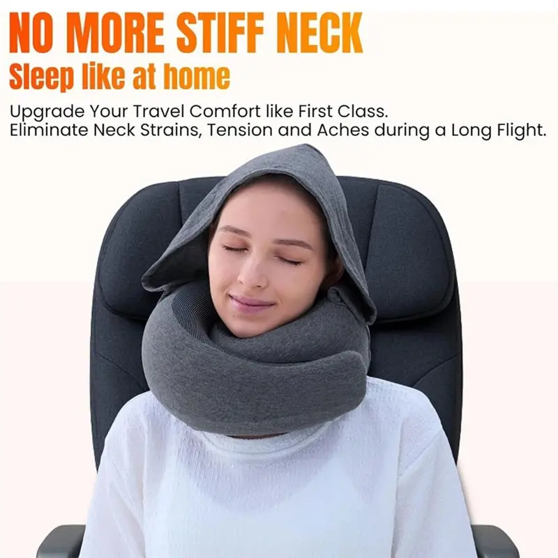 Hooded Pro Travel Pillow-Memory Foam Neck Support Designed For Airplane& Flight, Super-Soft Pure Cotton Fabric Maximum-A97E