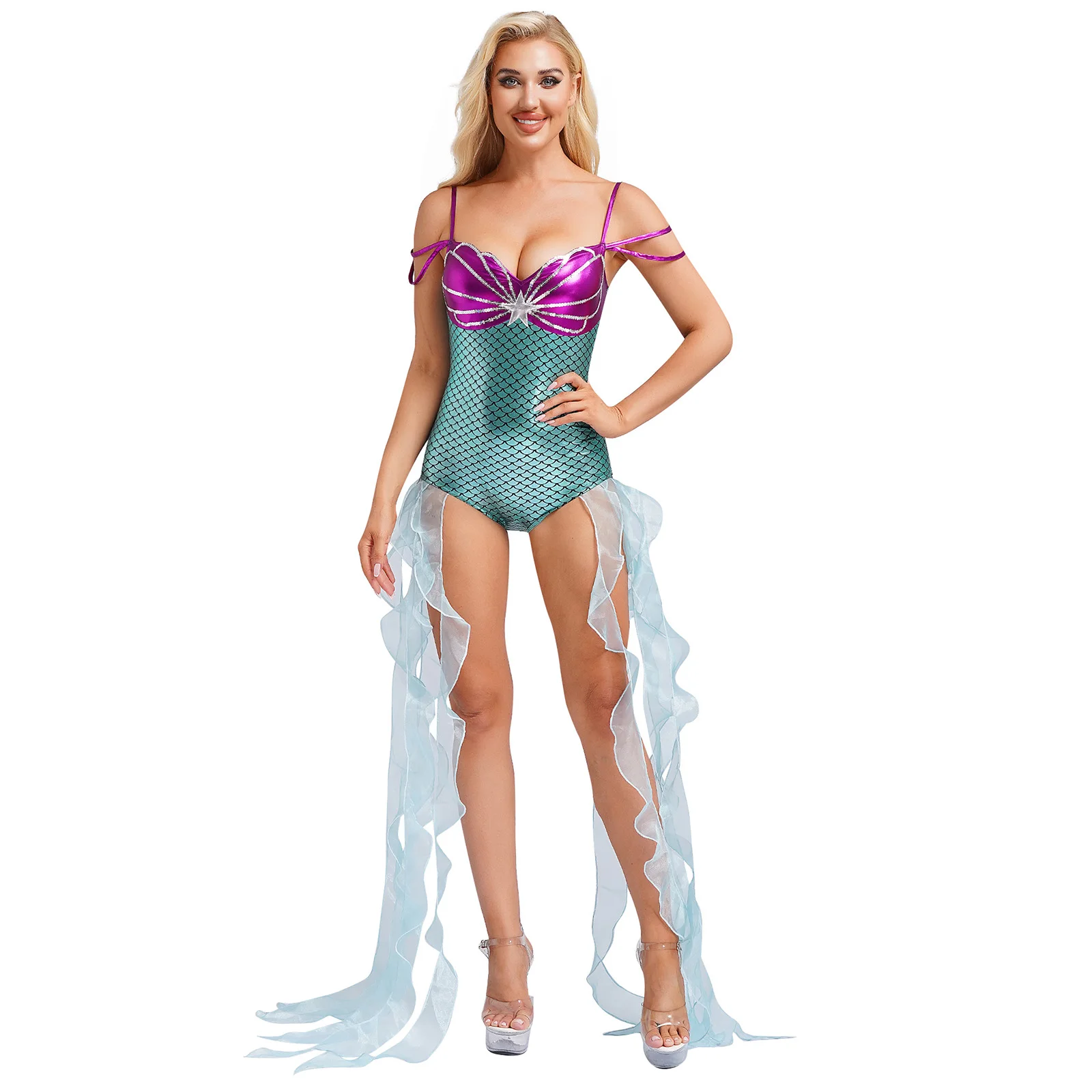 

Women Fish Scales Mermaid Stage Performance Bodysuits Shiny Camis Sequin Leotard with Ruffle Ribbons for Halloween Carnival