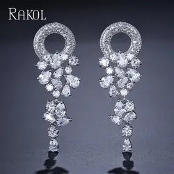 RAKOL Bridal Flower Shape Earring Vintage AAA+Cubic Zircon Micro Paved Crystal Round Wedding Dangle Earrings Jewelry for Women