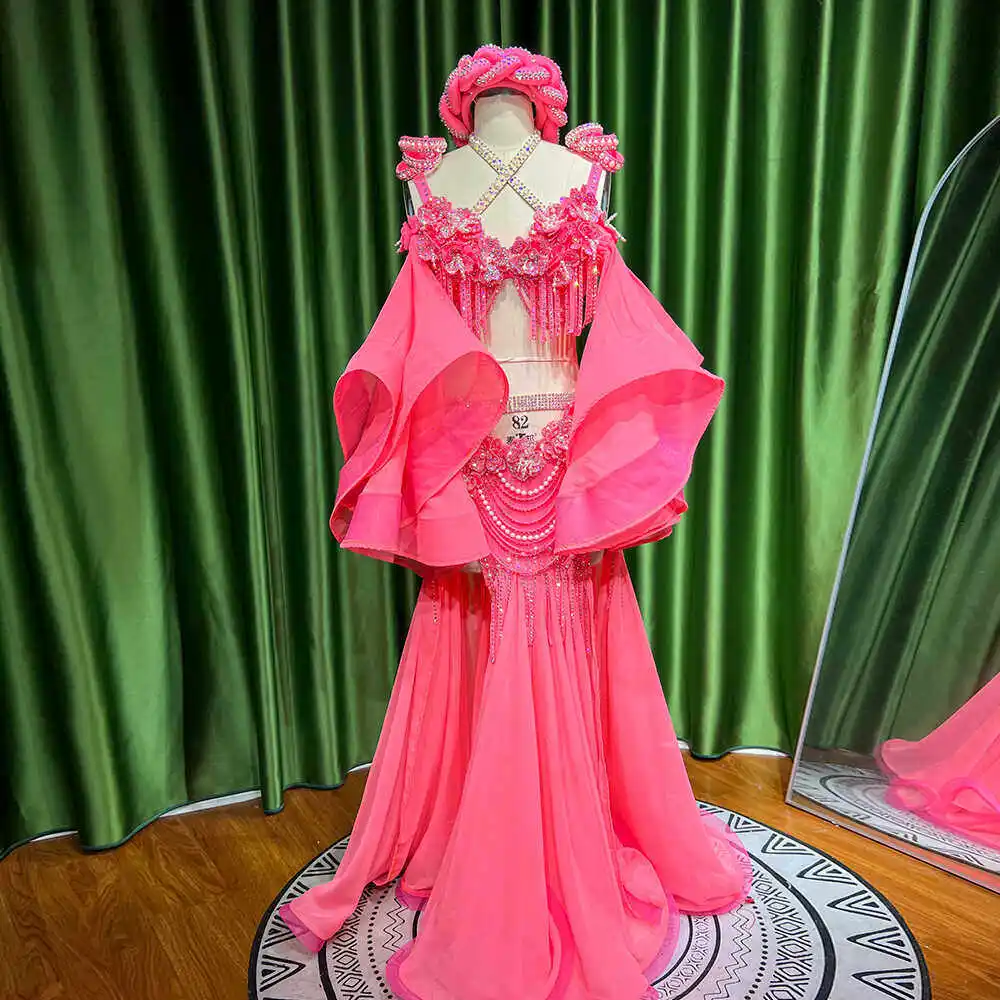 Custom Size Hot Pink Belly Dance Competition Outfit Crystal Flower Embellished Top & Flowing Chiffon Skirt