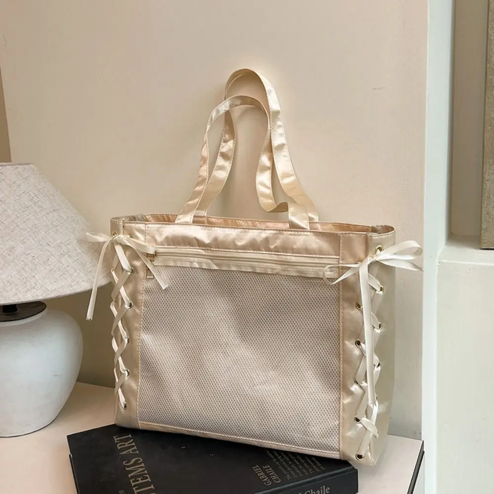 

Large Capacity Sweet Ita Tote Bag Bow Ribbon DIY Japanese JK Ribbon Bag Multi-Purpose Clear Front Pocket Women Ribbon Handbag