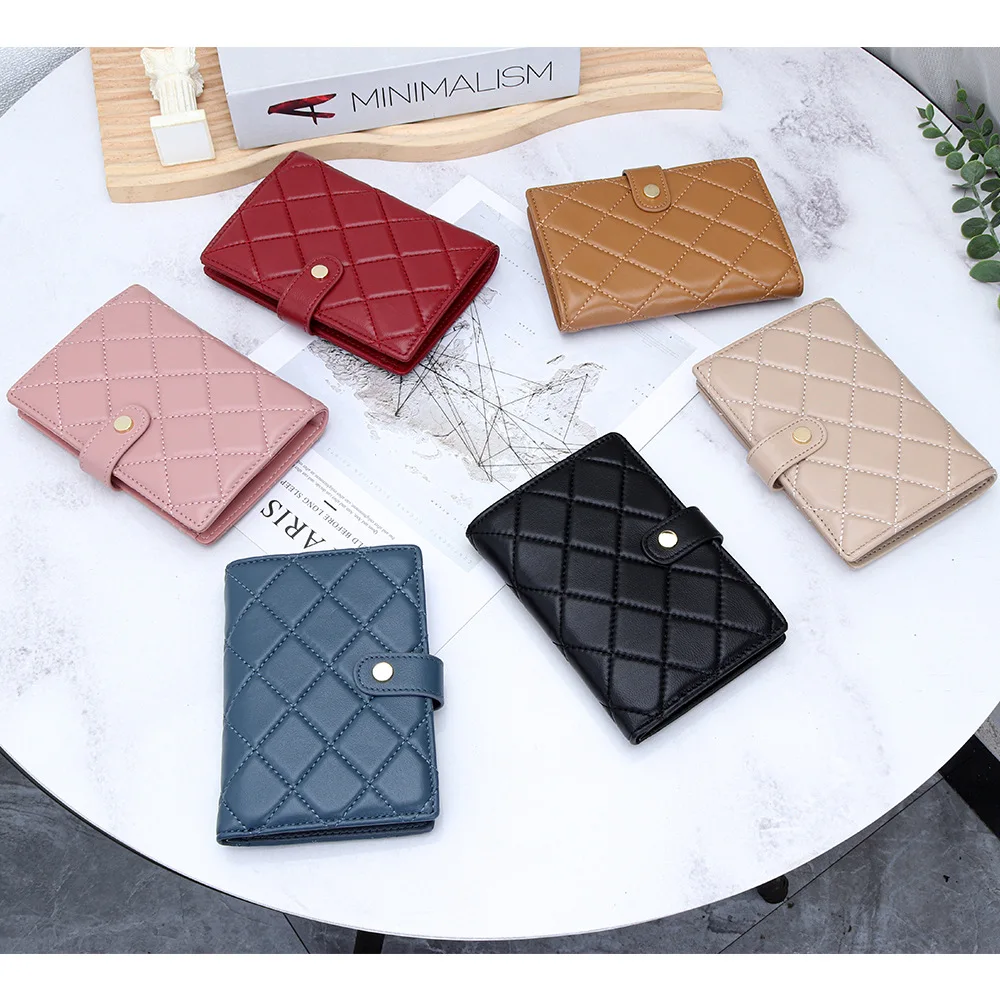 Genuine leather scented buckle wallet, women's sheepskin embroidered diamond pattern ID card holder