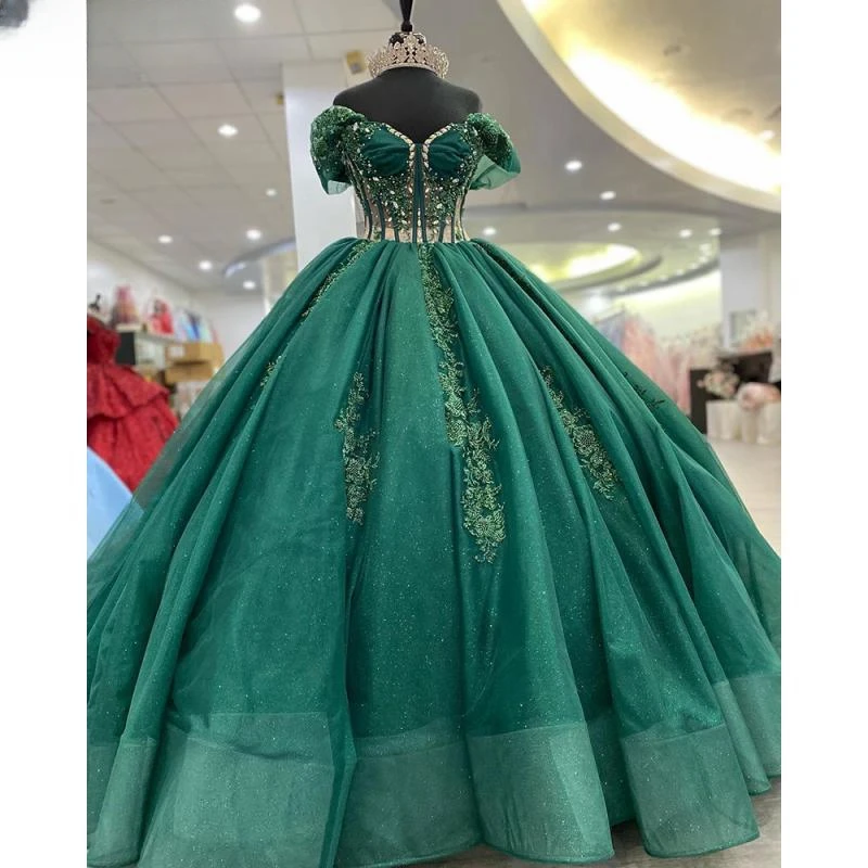 

Emerald Green Beading Crystal Appliques Lace Ball Gown Quinceanera Dresses Off The Shoulder Illusion Corset Vestidos De 15 Años