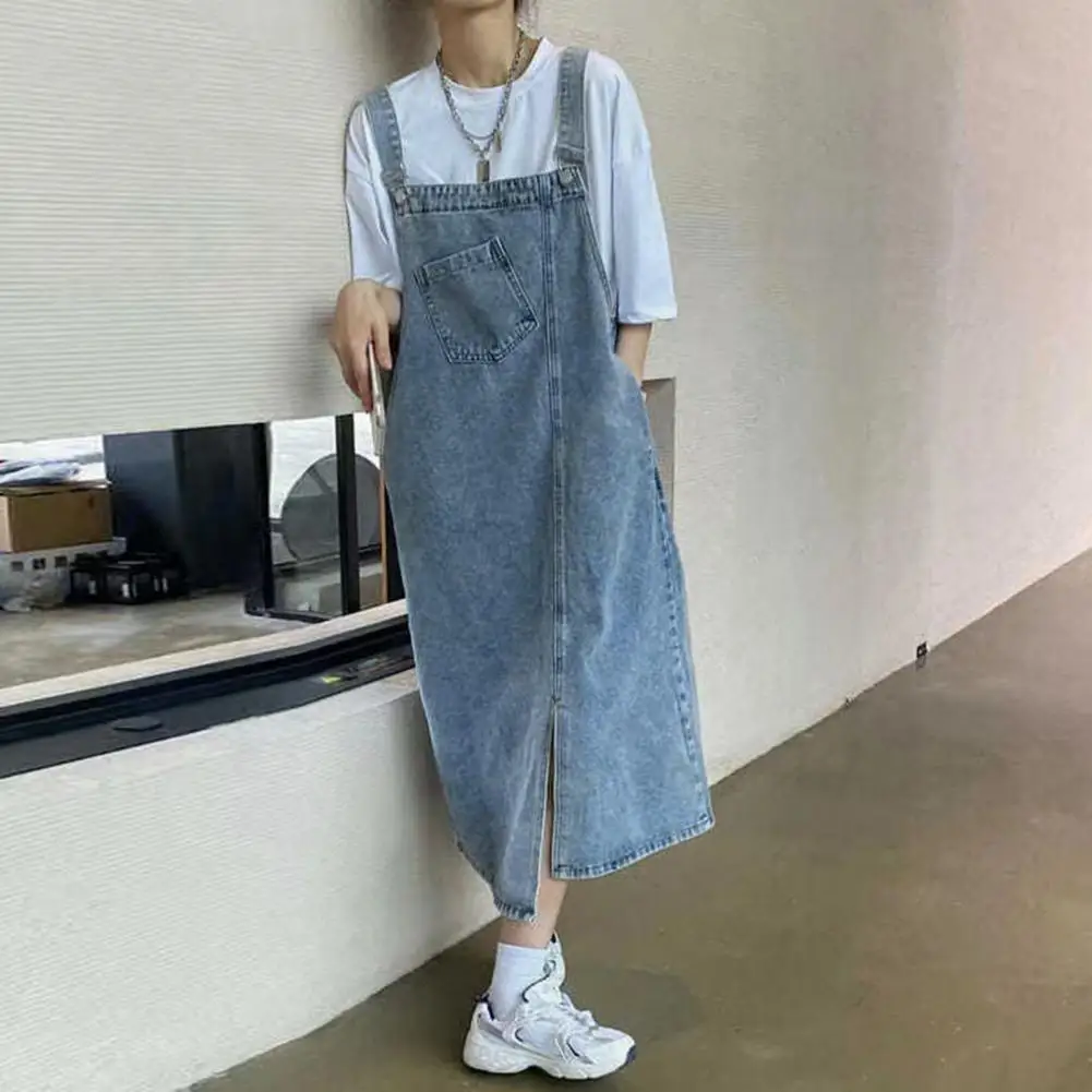 

Spring Summer Denim Overall Dress Loose Side Pockets Split Hem Adjustable Shoulder Strap Student Midi Jeans Dresses