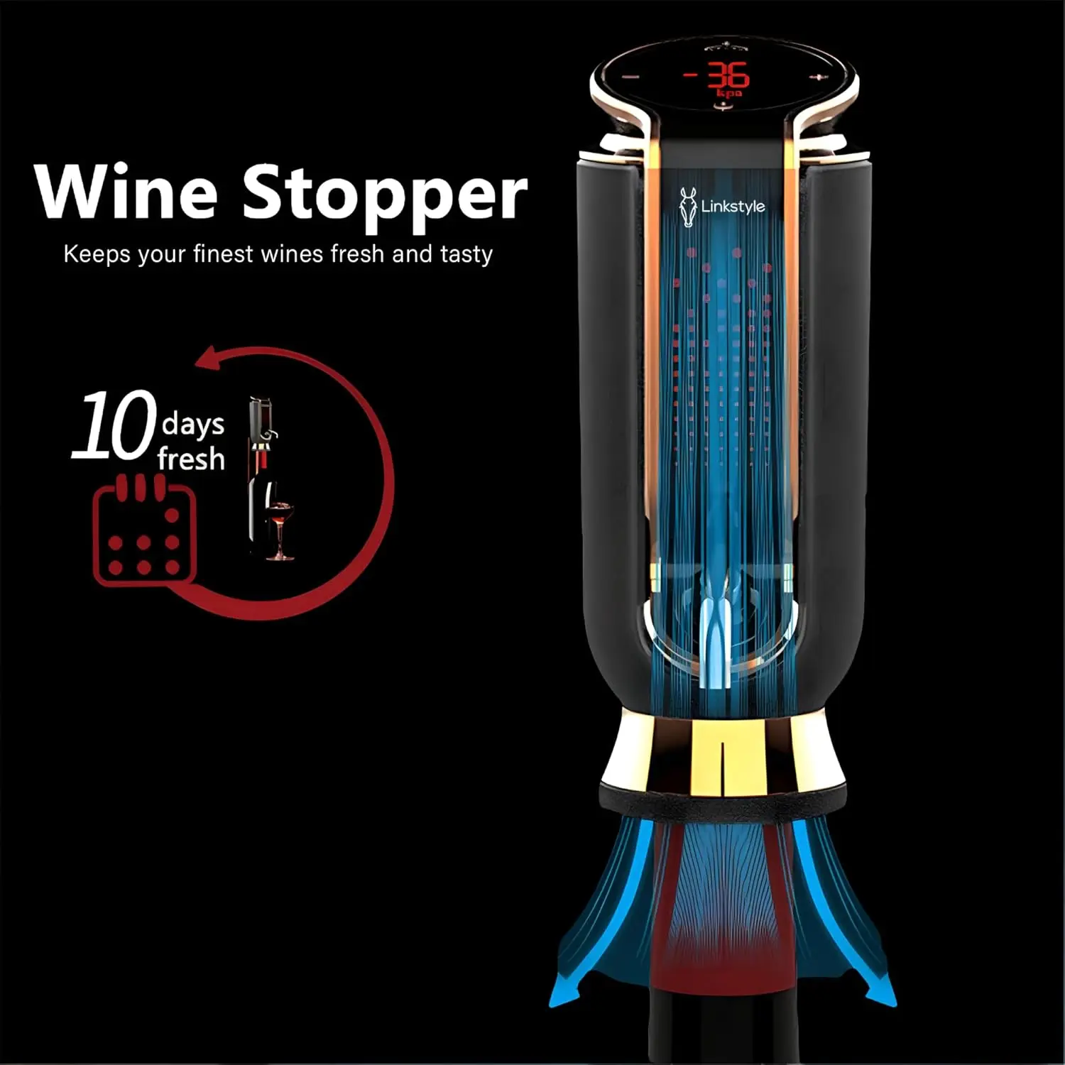 LINKSTYLE TRIOVINO, Luxurious 3-in-1 Electric Wine Aerator, Dispenser and Vacuum Saver - For Improving Taste, Aroma