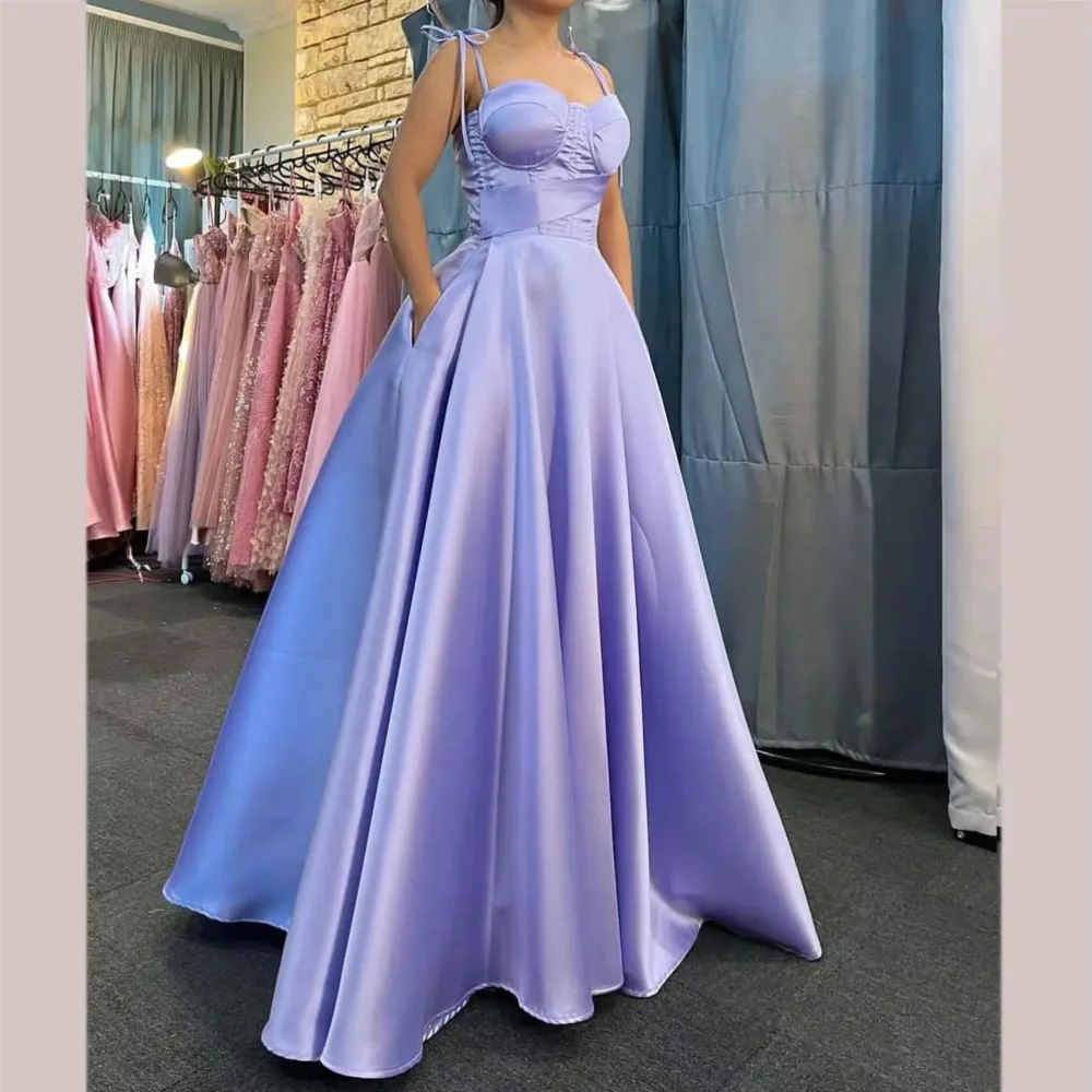 

Fashion Long Purple Spaghetti Straps Satin Evening Dresses Sleeveless A Line Floor Lengthفساتين سهره فخمة 2024