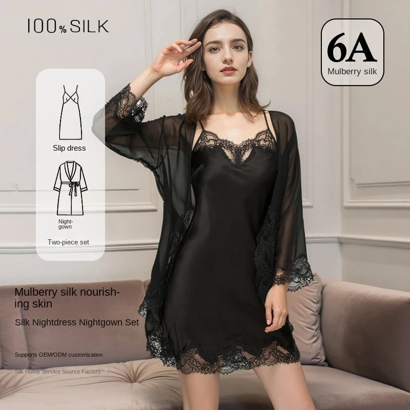 Luxury 100% Mulberry Silk 2-Piece Women's Lingerie Set with Sexy Lace Slip Dress And Robe - Satin Sleepwear And Loungewear for S