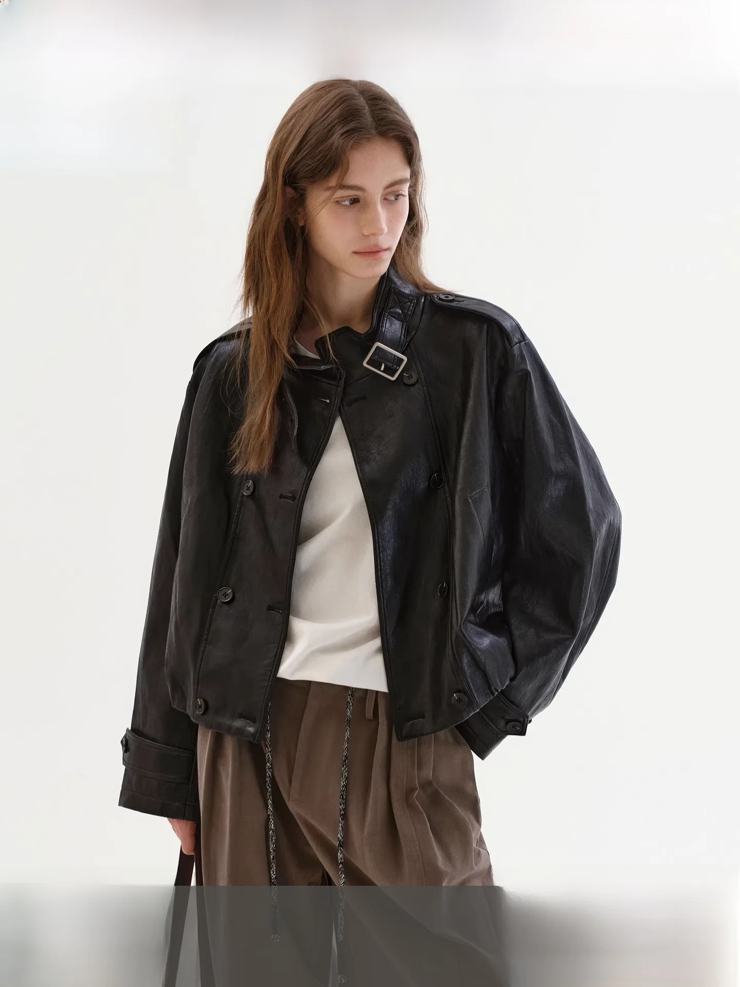 

Fano Women's ort PU Leather Jaet Spring Bla Matte Stand Collar Double Row Button Retro Loose Feel Outerwear