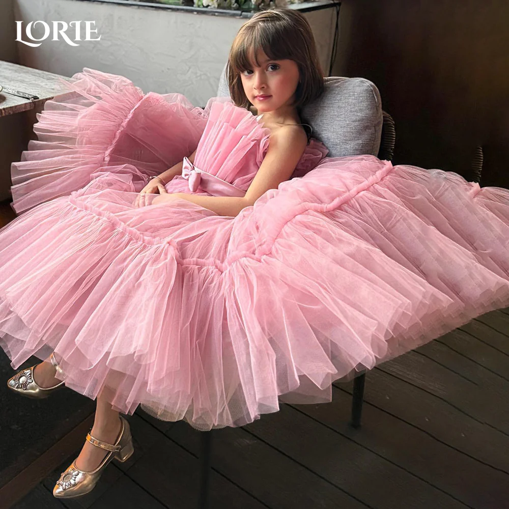 LORIE Girl-Robe de soirée en tulle pour filles, dos en dentelle pivoine, ligne A, droite, nœud boule, sans bretelles, fleurs personnalisées