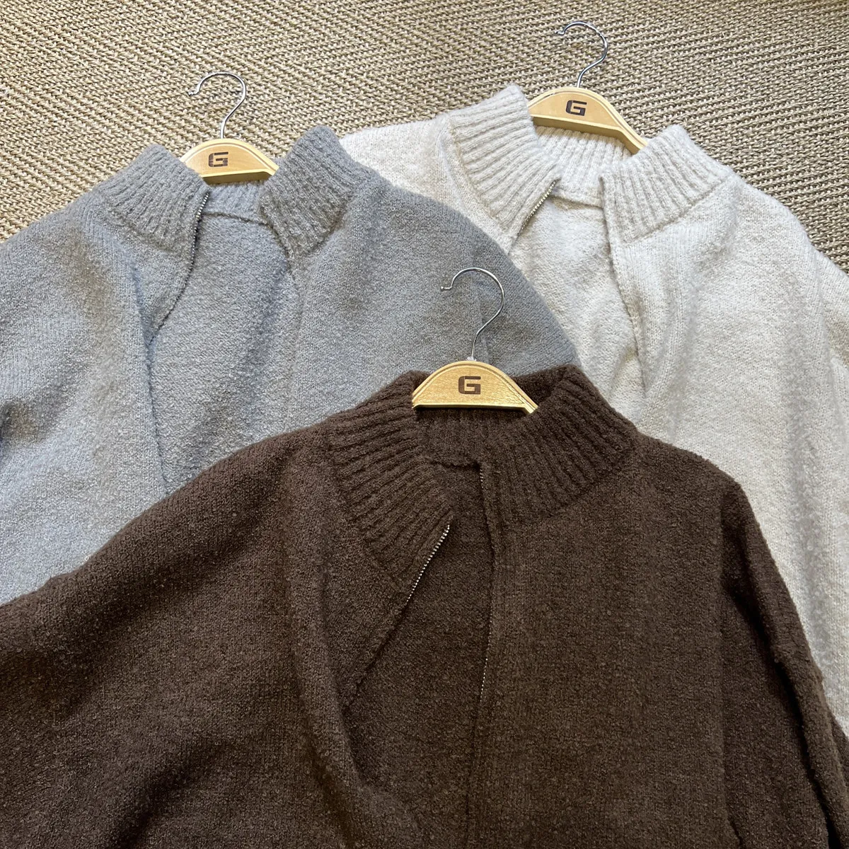 Textured Snagging Simple Solid Color Fashion Knitted Coat Autumn and Winter Half Turtleneck Cardigan Zipper Sweater Retro