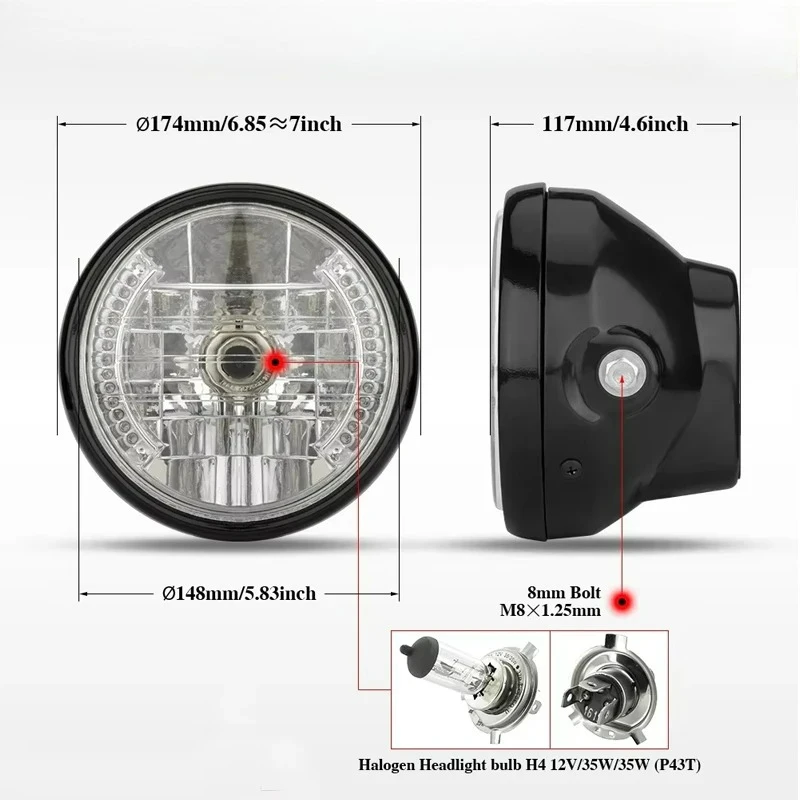Universal 7 Inch 35W H4 Halogen Motorcycle Headlight round Bulb with 9Wire LED Turn Signal Black Bracket For Motorcycles HeadLam